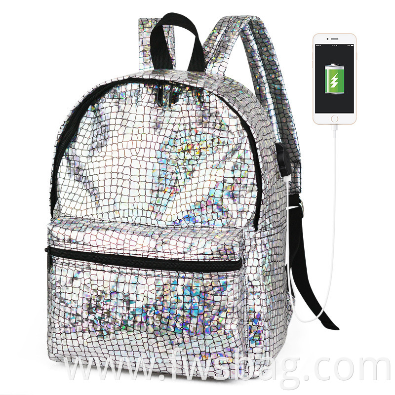 Women Unisex Holographic PU Leather Daily Backpack School Bookbag Travel Casual Backpack